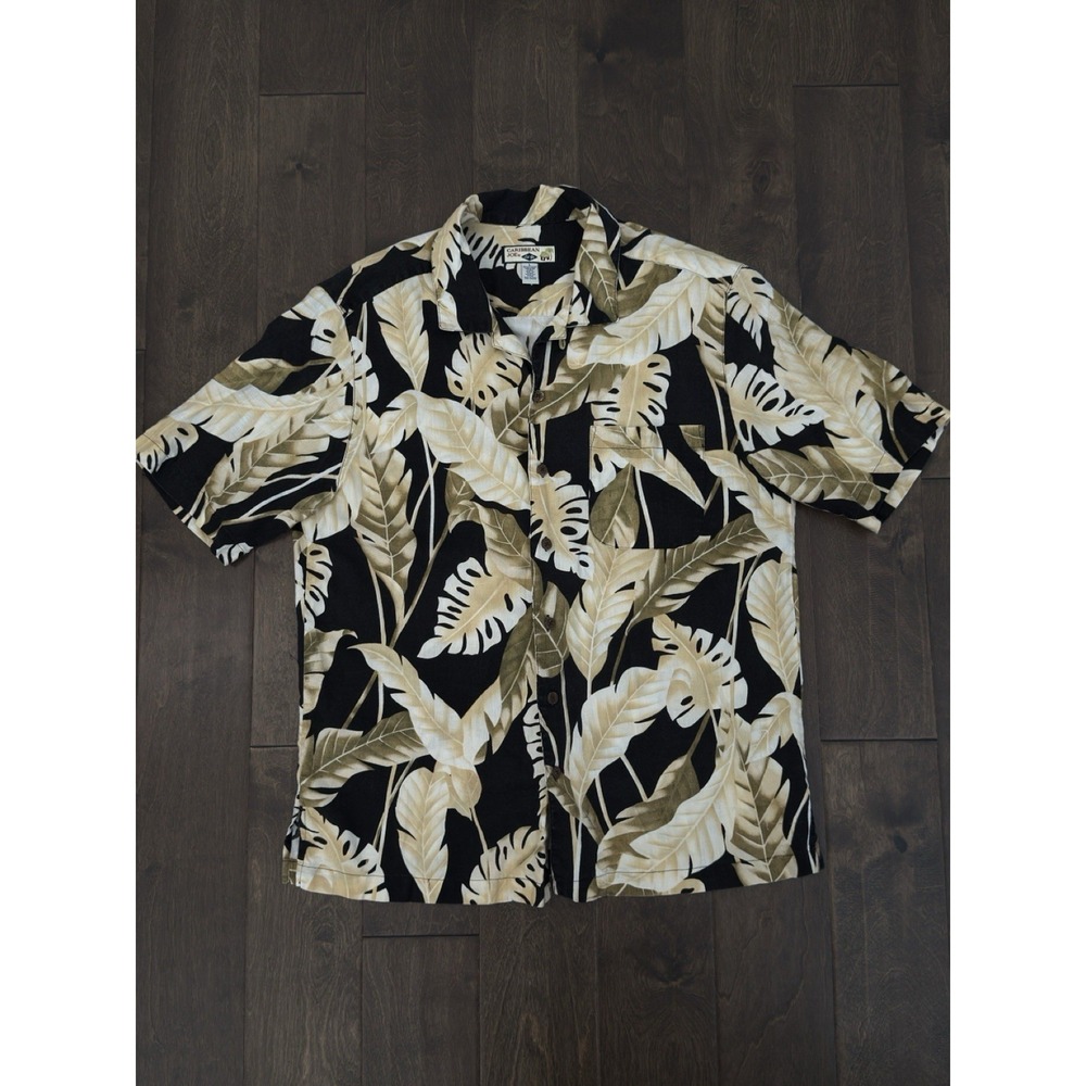 Caribbean Joe Shirt Mens Size L Floral 100% Linen Short Slv Button Down Hawaiian